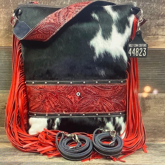 Holy Cow Couture Handbags - Holy Cow Couture Red and Black Fringe Shoulder/backpack Bag
